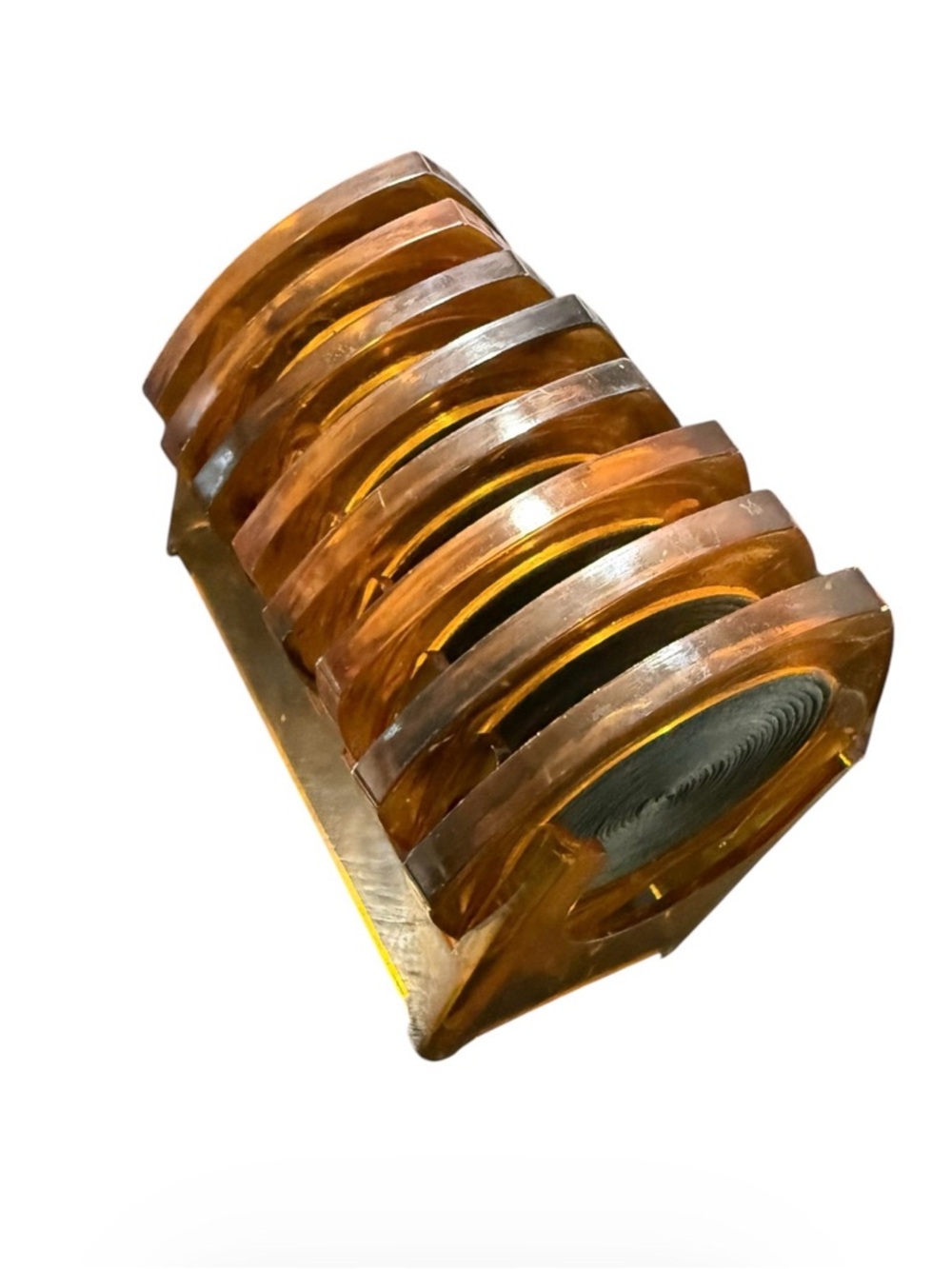 MCM Lucite Amber Havana Tortoise Shell Coaster Set of 8 Rope Coil w/Acrylic Rack